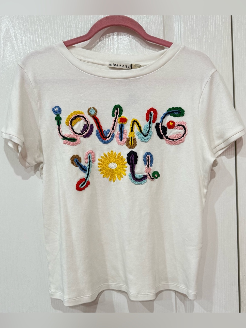 Alice + Olivia White Embroidered Floral Script Tee